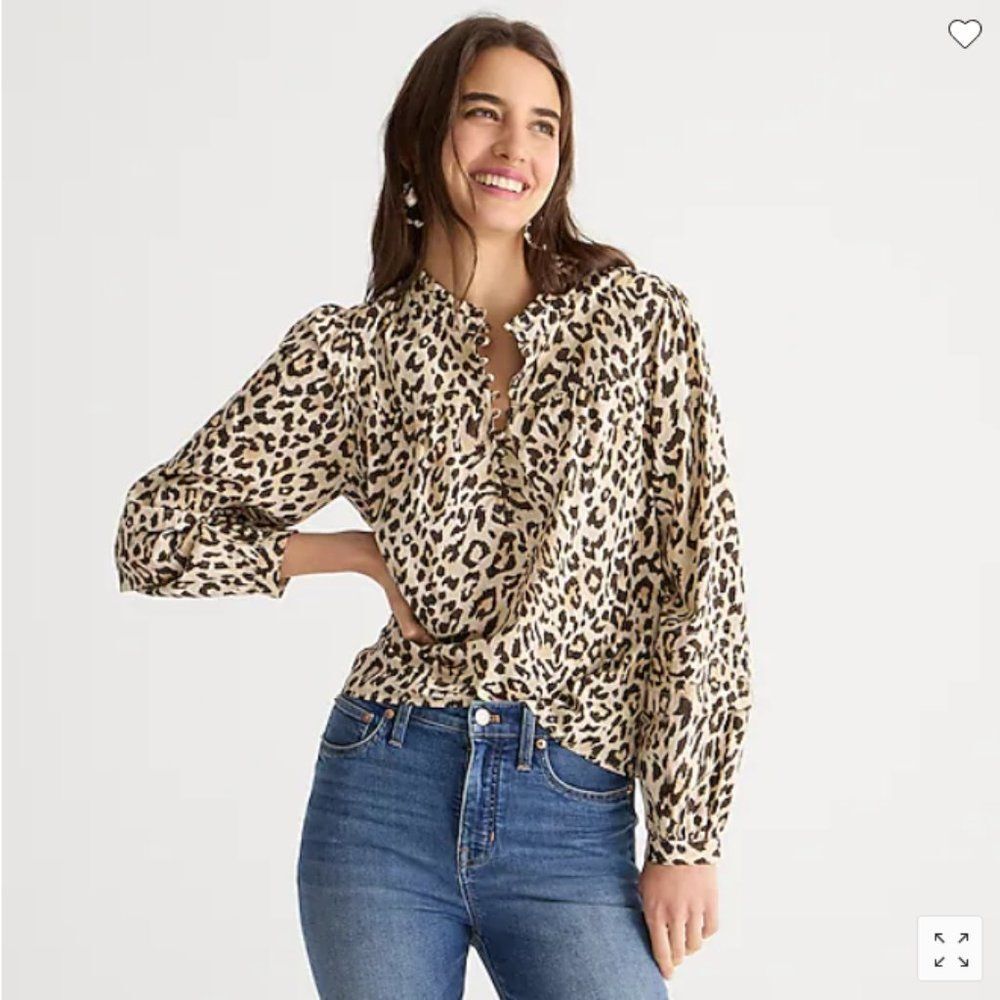 J. Crew Button-front ruffleneck popover in leopard print